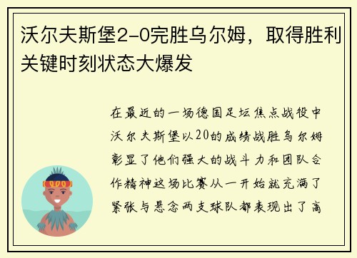 沃尔夫斯堡2-0完胜乌尔姆，取得胜利关键时刻状态大爆发